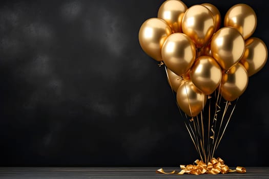 Bunch of big golden balloons objects for birthday party isolated on a black background with copy space.
