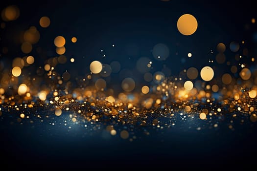 Magic background with golden bokeh with colorful purple pink yellow. Frame from golden shiny splashes, drops. Elegant luxury wallpaper