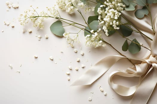 Styled stock photo. Feminine wedding desktop mockup with baby's breath Gypsophila flowers, dry green eucalyptus leaves, satin ribbon and white background. Empty space. Top view. Picture for blog.