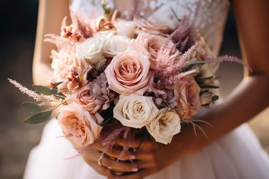 young girl in a white wedding dress holds in her hands a bouquet of flowers and greenery with a ribbon. Generative AI image