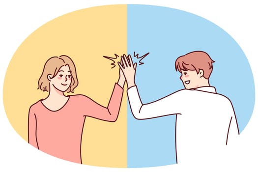 Happy man and woman give high five. Smiling people greeting outdoors. Body language and nonverbal communication. Vector illustration.