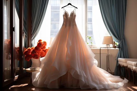 Beautiful wedding dress hanging on a mannequin in a interior of bridal salon. Wedding show room trendy, modern.