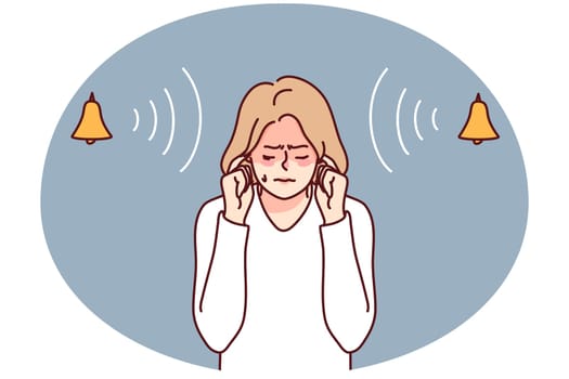 Stressed woman close ear suffer from loud noise. Unhappy girl avoid noisy bells ringing. Vector illustration.