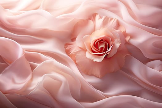 Rose flower on a waved draped soft pink silk fabric. Abstract texture horizontal copy space background.