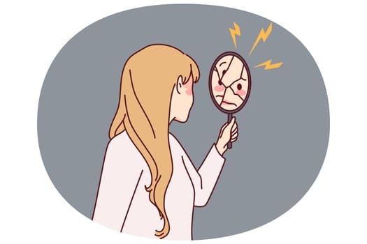 Woman looking in broken mirror suffer from personality disorder. Unhappy female struggle with psychological or mental problems. Vector illustration.