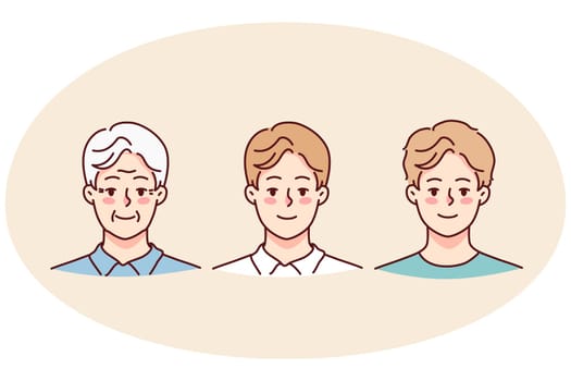 Set of man aging. Collection of teen guy, grownup male and mature grandfather. Concept of age process. Vector illustration.