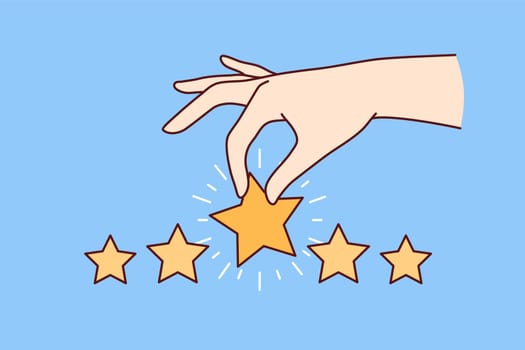Hand with stars is metaphor for feedback from customer positively evaluating service and giving rating 5. High user satisfaction rating after ordering online in restaurant or taking taxi ride