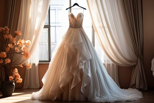 Beautiful wedding dress hanging on a mannequin in a interior of bridal salon. Wedding show room trendy, modern.