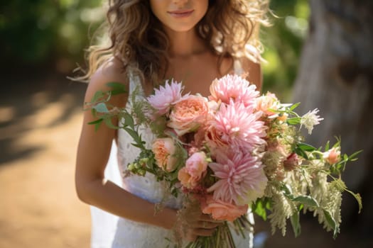 young girl in a white wedding dress holds in her hands a bouquet of flowers and greenery with a ribbon. Generative AI image