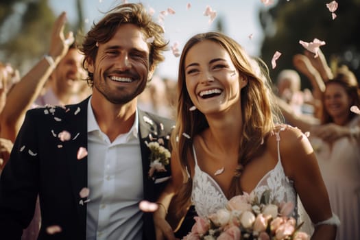 Beautiful bride and groom coming out after the wedding ceremony as their guests scatter flower petals. happy bride and groom. traditional holiday.