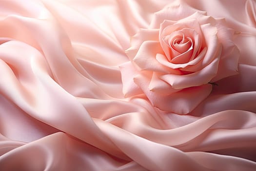 Rose flower on a waved draped soft pink silk fabric. Abstract texture horizontal copy space background.