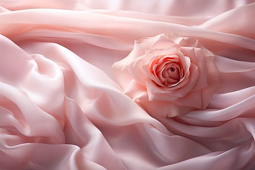 Rose flower on a waved draped soft pink silk fabric. Abstract texture horizontal copy space background.