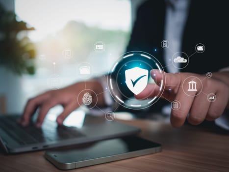 Businesswoman presses finger on virtual communication network. Global internet connection application technology of business and digital marketing. Finance and Banking Digital link technology.