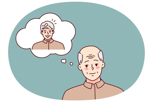 Old man remember young year. Mature grandfather suffer from baldness and alopecia. Healthcare and elderly troubles. Vector illustration.