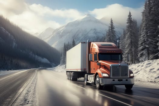 Red big rig commercial semi truck transporting cargo in dry van semi trailer running on the wet turning road with winter forest at snowing weather during a snow storm
