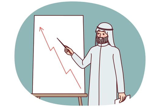 Arabic man make presentation of flipchart. Arab businessman present project on whiteboard. International company business. Vector illustration.