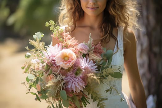 young girl in a white wedding dress holds in her hands a bouquet of flowers and greenery with a ribbon. Generative AI image