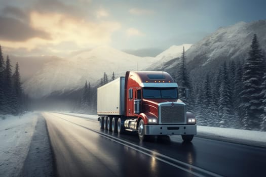 Red big rig commercial semi truck transporting cargo in dry van semi trailer running on the wet turning road with winter forest at snowing weather during a snow storm