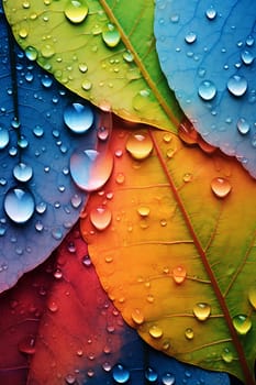 Closeup image of colorful leaves with raindrops - AI generative