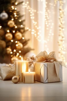 Holiday-themed still life with candles, Christmas decorations, and gifts, cozy intimacy feeling - AI generative
