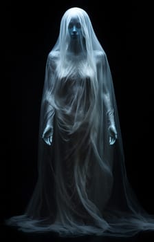 Frightening ghost against black background - portrait of mysterious woman, draped in misty fabric - AI generative