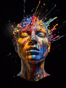 Woman with bright colors poured all over her face and color splashes
