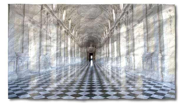 Creative picture of Reggia di Venaria Reale gallery - Italy. Luxury marbles in baroque Royal Palace