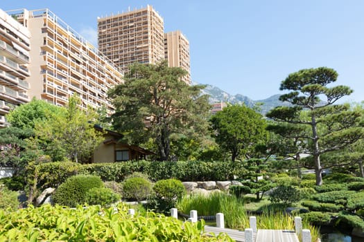 Monte Carlo - August 2022: Japanese garden with the city in the background