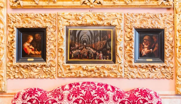Isola Bella, Italy - 1 August 2023: Borromeo's villa interior with paintings collection, nobody