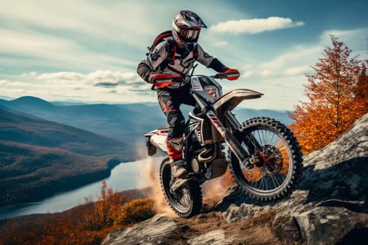 Motocross rider in action. Motorcyclist in full equipment climbing rocky mountain top. AI generated