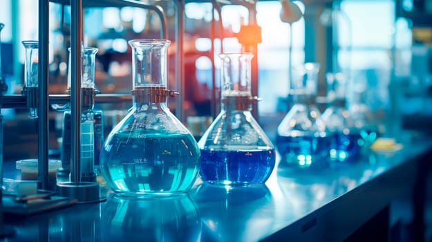 Clear glass beakers and glassware in medical science lab. AI generated