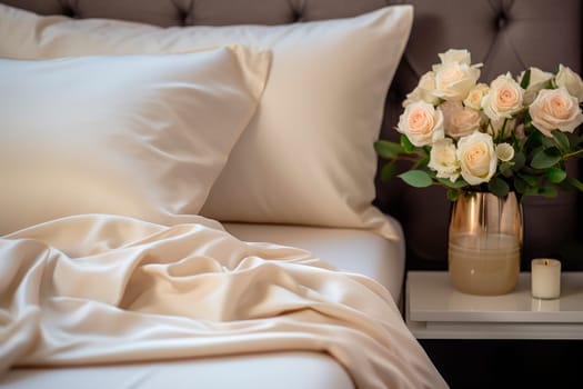 Vase with white roses on table in bedroom. Interior element. AI generated