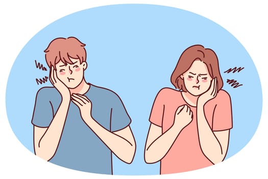 Unhealthy people suffer from toothache. Man and woman hold cheek struggle with painful teeth inflammation. Healthcare. Vector illustration.