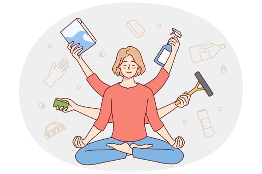 Calm woman meditating distracted from daily activity and chores. Relaxed housewife sitting with mudra hands practice yoga relieve stress. Vector illustration.