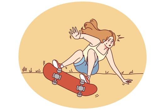 Woman riding skate falling outside. Girl have fun starting on street falling from sport equipment. Vector illustration.