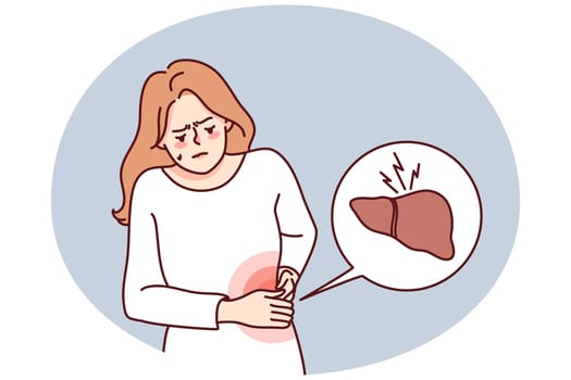 Unhealthy woman suffer from liver problems. Unwell girl struggle with body organ inflammation. Healthcare and medicine. Vector illustration.