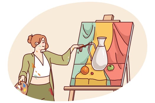Woman artist drawing picture on easel. Girl painting on canvas. Art and hobby concept. Vector illustration.