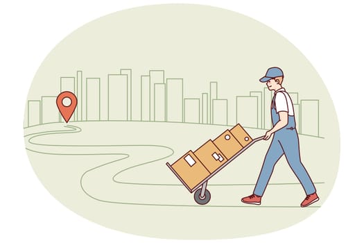 Deliveryman with packages walking to recipient. Courier or postman delivering orders to client or customer. Good delivery service. Vector illustration.