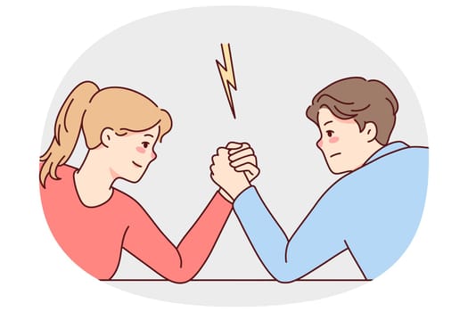 Man and woman arm wrestling decide leadership and dominance. Male and female cartoon characters demonstrate strength and power. Vector illustration.