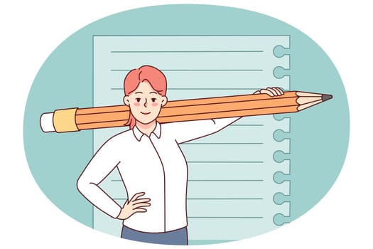 Smiling woman with huge pencil and paper. Happy female holding big writing tool ready for noting. Journalism or handwriting. Vector illustration.