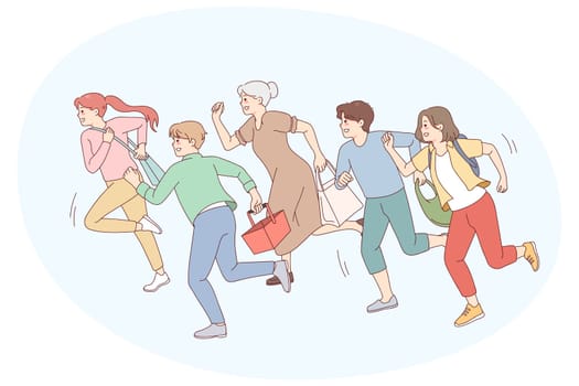 People running go shopping on sales. Excited shopaholics rush hurry for discounts or promotion. Vector illustration.