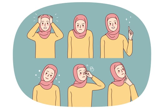 Set of young woman in hijab. Collection of Muslim female in traditional clothes showing different emotions. Vector illustration.