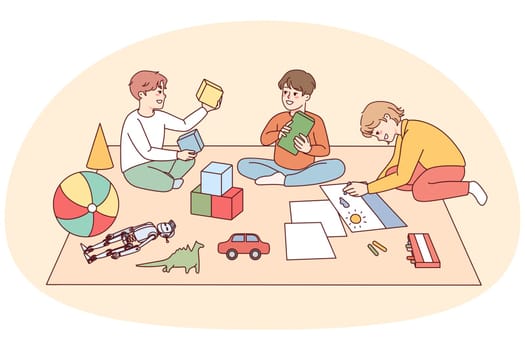 Happy kids sitting on floor playing with toys together. Smiling children have fun enjoy game activity in group. Childhood. Vector illustration.
