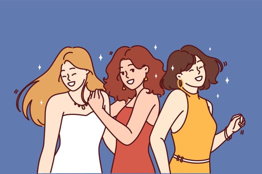 Three dancing women in evening dresses participate in birthday party or disco. Girls in elegant carnival clothes enjoy visiting bachelorette party with energetic dancing and loud music