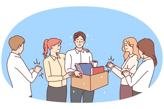 Happy employee welcome newcomer at workplace. Smiling businesspeople meet newbie in office. Employment and recruitment. Vector illustration.