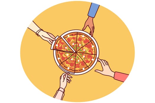 Close-up of people eating pizza together. Friends or colleagues share Italian fast food at work break in office. Vector illustration.
