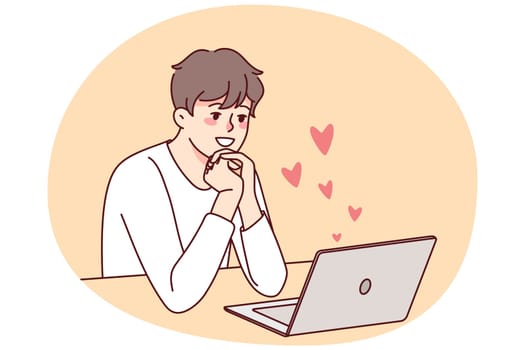Happy man sit at desk look at laptop screen looking for love. Smiling guy use computer communicate online girlfriend. Relationship on distance. Vector illustration.