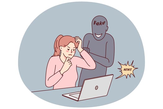Confused woman looking at computer screen reading fake news online. Frustrated female use laptop worried about notification on web. Propaganda and media manipulation.