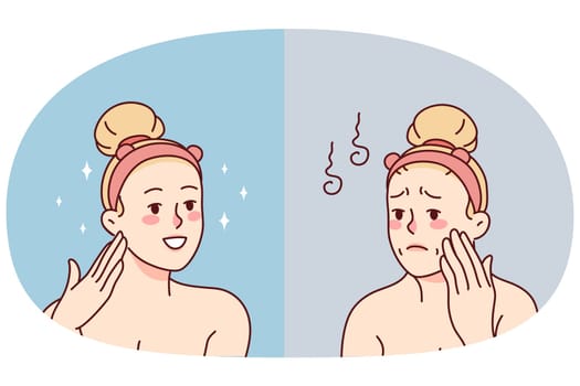 Woman before and after beauty face procedures. Unhappy female satisfied with cosmetology treatment result. Vector illustration.