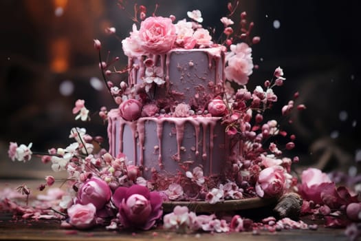 Wedding cake with violet cream cheese frosting decorated with caramel vase and golden chocolate spheres on the purple background. Luxury anniversary cake with pink chocolate velvet coating